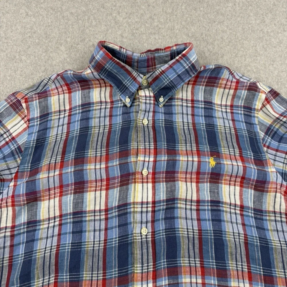 Polo Ralph Lauren Shirt Mens XL Blue Plaid Linen Preppy Button Down Long‎ Sleeve